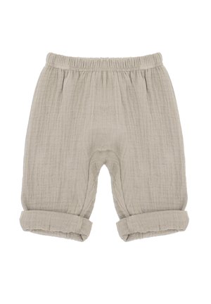 Helle graue Leinenmischungshorts mit einem elastischen Bund, sanft knittriger Textur und aufgerollten Säumen. Sie bieten eine lockere Passform und atmungsaktives Material.