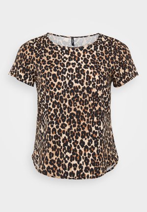 Leopard print short-sleeved top featuring a round neck and a slightly curved hem. Made from soft fabric with a textured finish.
