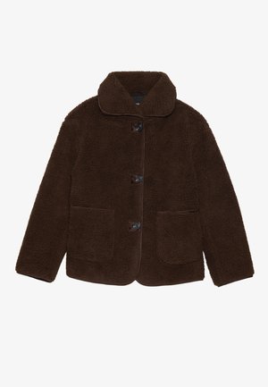 Brown faux fur jacket with a collared neckline, front button closure, and two patch pockets. Textured surface, no visible patterns or accents.