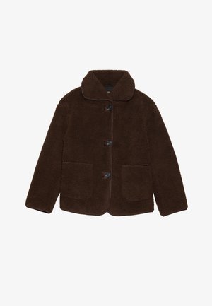 Brown faux fur jacket with a collared neckline, front button closure, and two patch pockets. Textured surface, no visible patterns or accents.