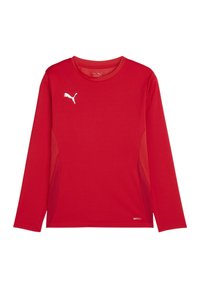 Rotes Sporthemd mit langen Ärmeln aus feuchtigkeitstransportierendem Material, mit seitlichen Mesh-Einsätzen und weißem Logo auf der Brust. Leicht und atmungsaktiv gestaltet.