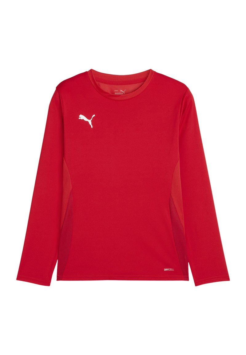 Rotes Sporthemd mit langen Ärmeln aus feuchtigkeitstransportierendem Material, mit seitlichen Mesh-Einsätzen und weißem Logo auf der Brust. Leicht und atmungsaktiv gestaltet.