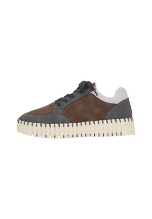 Leather sneaker featuring brown, gray, and pink panels, round toes, flat laces, and a textured cream sole with vertical ridges.