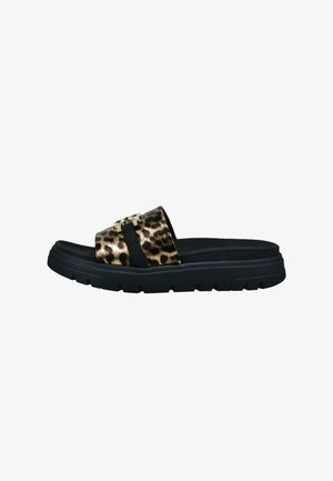 Sandalia tipo slide con estampado de leopardo y suela de goma negra, con un detalle metálico en la tira. Material suave con un diseño elegante.