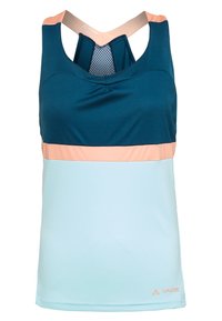 Ciemnoniebieski bezrękawnik sportowy z jasnoniebieską dolną częścią i brzoskwiniowymi akcentami. Posiada siateczkowe detale i wspierający krój.