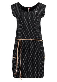 Schwarzes ärmelloses Kleid mit weißen und rosa Punkten, runder Ausschnitt und dünnem geflochtenem beigem Gürtel, der in der Taille gebunden ist.