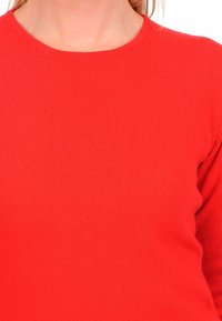 Roter Strickpullover mit Rundhalsausschnitt. Der Stoff hat eine gerippte Textur und eine figurbetonte Form, die von den Schultern bis zur Brust sichtbar ist.