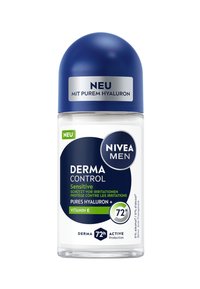 Nivea Men Derma Control roll-on deodorant in clear plastic bottle. Blue dome cap, prominent green and navy labels, contains hyaluronic acid.