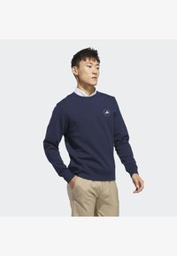 Sudadera de cuello redondo en azul marino, confeccionada en tejido suave, con un pequeño logo en el pecho y puños y dobladillo acanalados. Combinada con pantalones caqui.