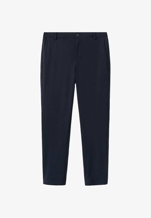 Pantalones ajustados azul marino con bolsillos delanteros, trabillas para cinturón y cierre de botón, mostrados sobre un fondo blanco.