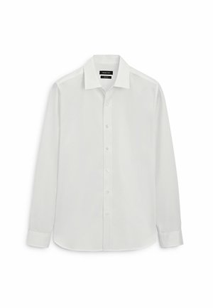 Men’s white long-sleeve button-up shirt with pointed collar and single-button cuffs, displayed flat on a white background.