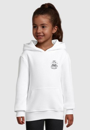 White hooded sweatshirt with front pocket, ribbed cuffs, and hem. Features a graphic design on the upper left chest area.