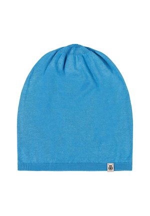 Bright blue knit beanie with a small white fabric tag featuring a black emblem near the bottom edge.