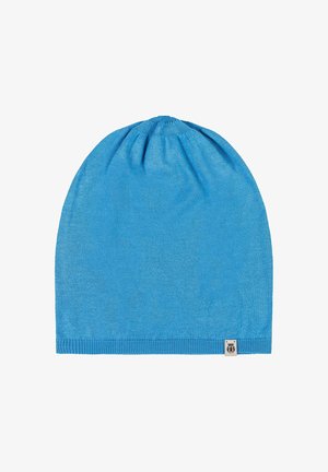 Bright blue knit beanie with a small white fabric tag featuring a black emblem near the bottom edge.
