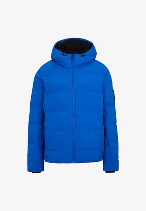 Giacca blu imbottita con cappuccio, zip frontale e polsini elasticizzati. Presenta una patch con logo sulla manica sinistra e una texture liscia.