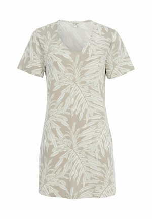 Beige T-shirt met korte mouwen en V-hals met wit tropisch bladmotief, rechte fit en een stoffen label bij de hals.