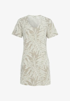 Beige T-shirt med korte ærmer og V-hals med hvidt tropisk bladmønster, lige pasform og en stoflabel ved halsen.