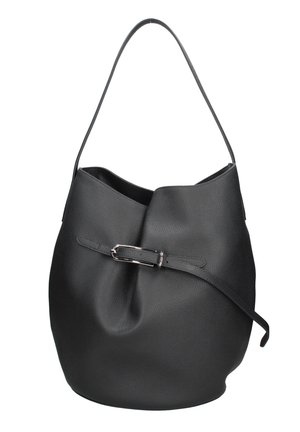 Borsa a tracolla in pelle nera con una singola tracolla e dettaglio fibbia frontale, texture morbida e forma arrotondata spaziosa.