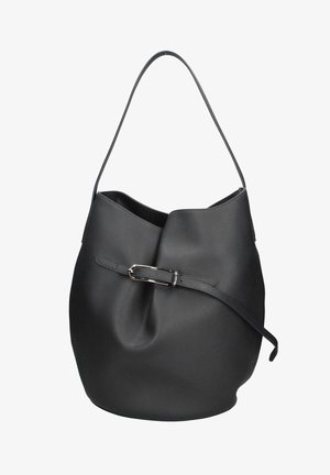 Borsa a tracolla in pelle nera con una singola tracolla e dettaglio fibbia frontale, texture morbida e forma arrotondata spaziosa.