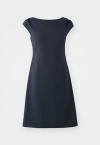 Navy blue sleeveless dress with a round neck, fitted bodice, and flared skirt. Smooth fabric with subtle sheen and elegant silhouette.