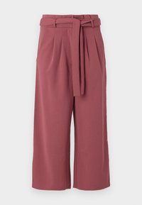 Wide-leg trousers in dusty rose fabric, featuring a belted waist, pleats, and a smooth texture. Cropped length with clean edges.
