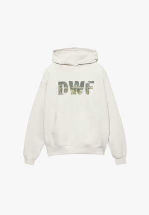 Felpa bianca realizzata in morbido tessuto, dotata di una tasca frontale e di una grande grafica "DWF" con una stampa verde testurizzata sul petto.