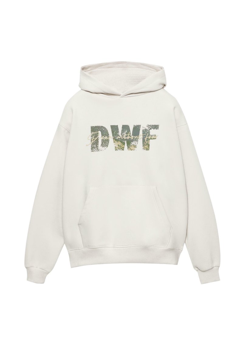 Bela kapuca iz mehke tkanine, ki ima sprednji žep in velik grafični napis "DWF" z teksturiranim zelenim tiskom na prsih.