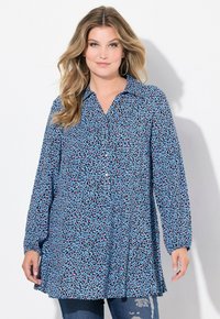 Košile s dlouhými rukávy a líme čkem s modrým leopardím potiskem, s volným střihem a sklady v oblasti pasu.