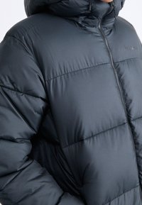 Svart pufferjacka med huva, med en quiltad design, glänsande nylonmaterial och en framfickzip.