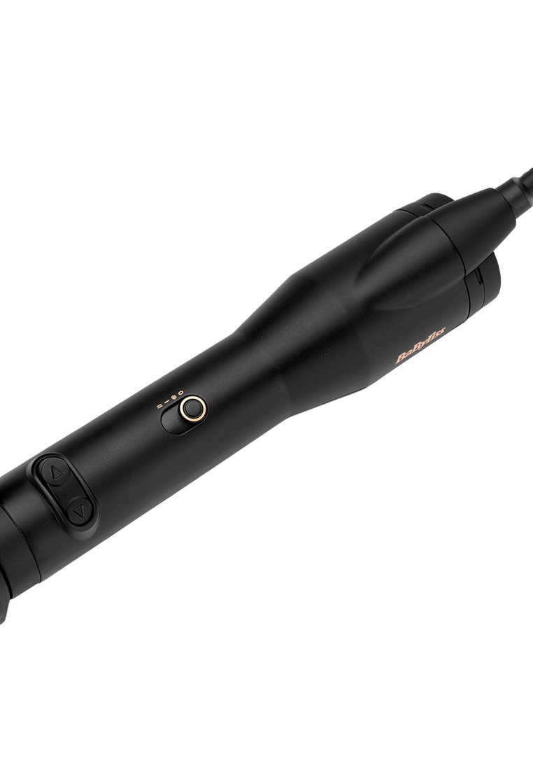 Outil de coiffure noir de forme cylindrique, avec des boutons de contrôle de température, un bouton d'alimentation et un accent doré.