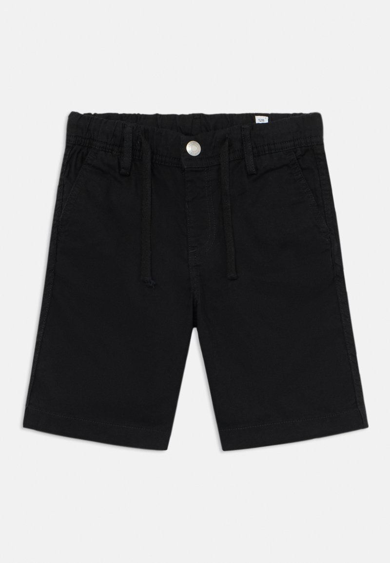 Shorts de algodão pretos com uma cintura elástica com cordões, fecho frontal com botão e bolsos laterais para funcionalidade.