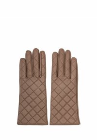 Brązowe pikowane skórzane rękawiczki o gładkiej fakturze, z klasycznym wzorem i charakterystycznym wzorem przeszyć w kształcie diamentów.