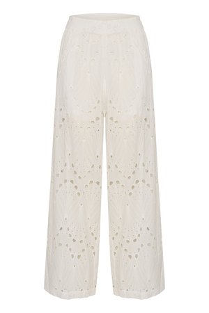 Pantaloni larghi bianchi ricamati con motivi a intaglio, dotati di una comoda cintura elastica e di un tessuto morbido e texture.