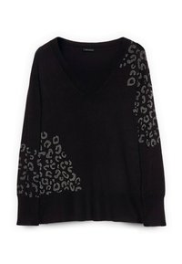 Maglione nero a scollo a V con un motivo leopardato decorato con piccole pietre luccicanti su un lato e polsini e orlo a costine.