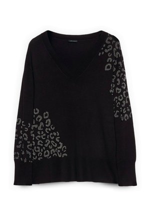 Maglione nero a scollo a V con un motivo leopardato decorato con piccole pietre luccicanti su un lato e polsini e orlo a costine.