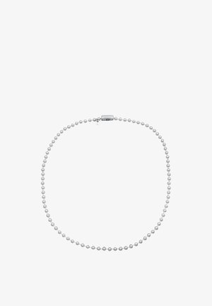 Silberne Perlenkette mit gleichmäßigen runden Perlen und einem glatten Finish. Sie verfügt über einen dezenten metallischen Verschluss für sicheren Halt.