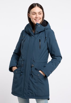 Blue, long-sleeve parka jacket with a hood, zipper pockets, adjustable drawstring waist, and soft inner lining, suitable for colder weather.