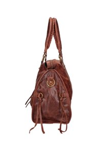 Borsa a tracolla in pelle marrone con finitura testurizzata, dettagli in metallo dorato, cinturini regolabili e apertura con zip, dotata di cordini laterali.