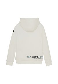 Haut à capuche blanc avec une poche kangourou et une capuche ajustable. Comprend un texte en vert et noir au dos, des poignets côtelés et un ourlet.