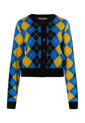 Sweter w szaro-niebieski wzór argyle w kolorze niebieskim, żółtym i czarnym. Posiada czarne zapięcie na guziki oraz ściągacze przy mankietach i dole. Krótki krój.