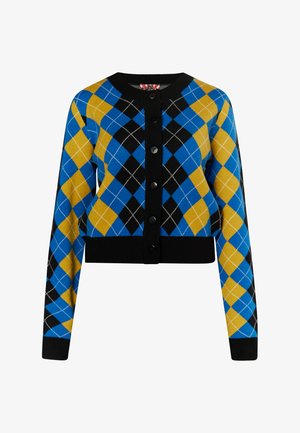 Cardigan a motivi argyle in blu, giallo e nero. Presenta una chiusura con bottoni neri e polsini e orlo a coste. Design a croppato medio.