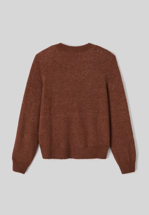 Pull en tricot marron avec un col rond, des poignets et un ourlet côtelés, fabriqué à partir d'un matériau doux et texturé. La vue arrière révèle un design simple et sans couture.