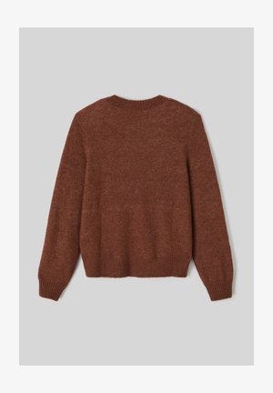 Pull en tricot marron avec un col rond, des poignets et un ourlet côtelés, fabriqué à partir d'un matériau doux et texturé. La vue arrière révèle un design simple et sans couture.