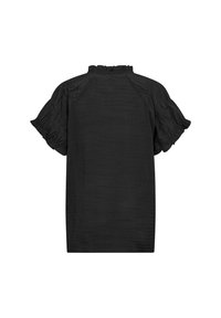 Svart kortärmad blus i texturerat material, med en volangkrage och lösa, puffiga ärmar för en avslappnad passform.