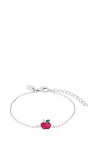 Pulsera de cadena de plata con un charm en forma de manzana rosa y brillante, acentuada con una hoja verde. Longitud ajustable con un cierre de langosta.