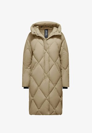 Beige gewatteerde pufferjas met een kap, met een ruitpatroon, lange mouwen en zijzakken. Zachte textuur en een middellange ontwerp.