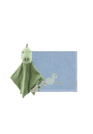 Green dinosaur plush with a textured blanket, featuring a light blue color and embroidered dinosaur and bird details. Soft, cuddly materials.
