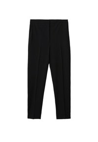 Pantalon noir sur mesure à coupe slim, avec devant plat, deux plis avant, et un tissu lisse et texturé. Pas de poches visibles.