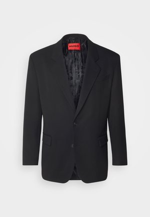 Fekete blézer sima anyagból, egygombos záródással, kiszélesedő hajtókákkal, két elülső zsebbel és mintás bélésanyaggal.