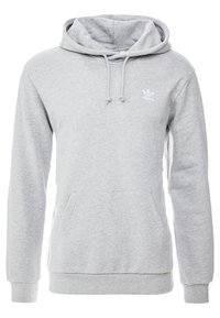 Sudadera Adidas de color gris claro con mangas largas, bolsillo frontal, capucha con cordón y pequeño logo blanco de Adidas en el pecho.